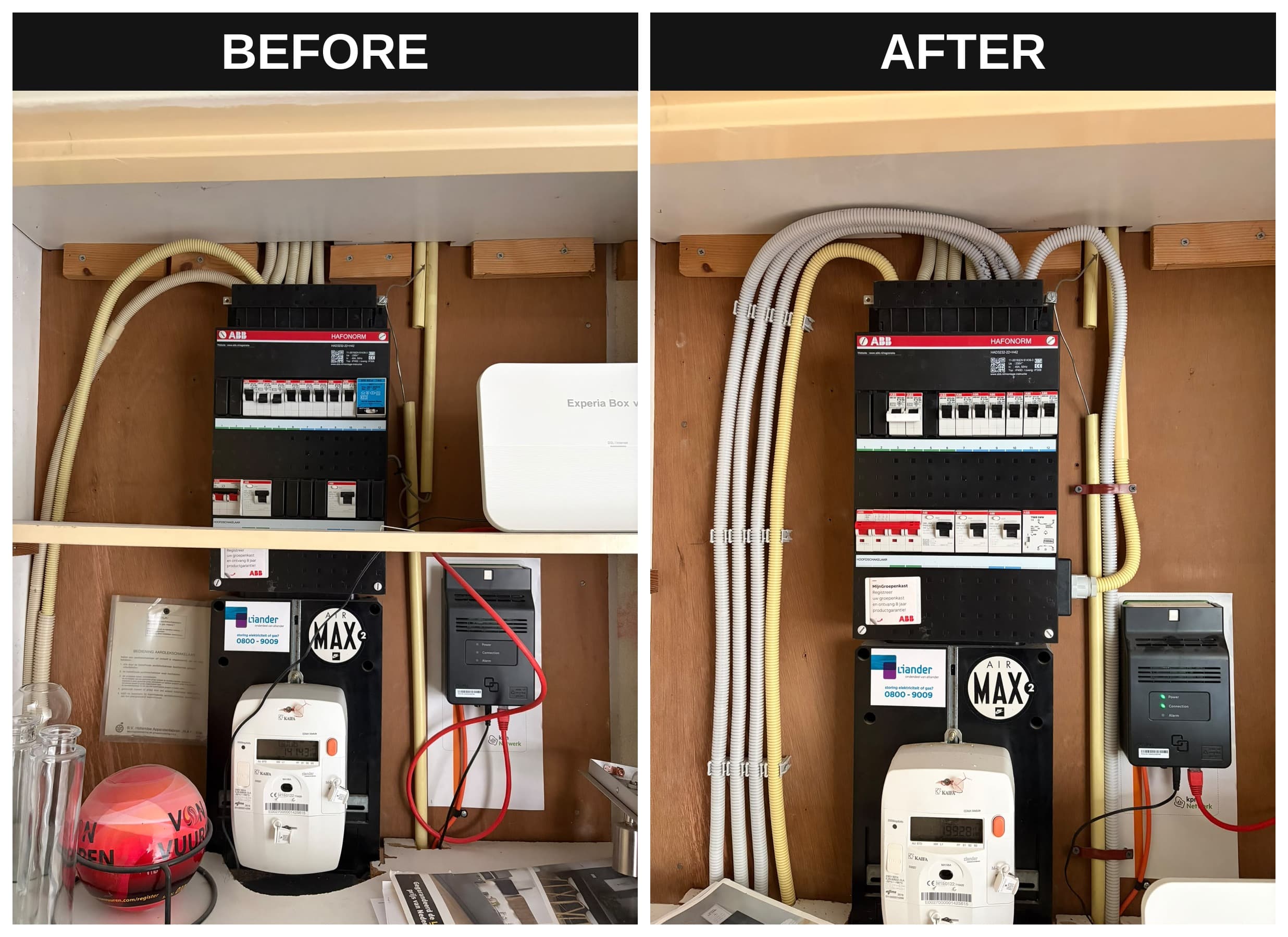 Meterkast voorbereid op een 3 fase aansluiting en uitgebreid met 5 groepen voor de keuken waaronder een 2x220v perilex aansluiting